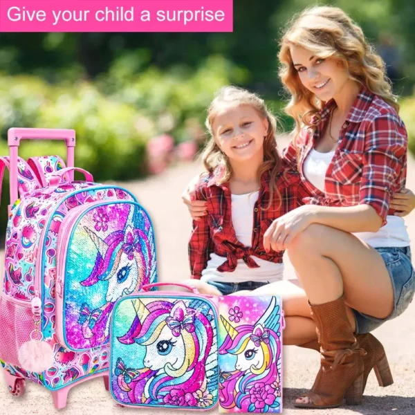 3-teiliger Einhorn-Rollrucksack für Mädchen, Schulrucksäcke für Kinder mit Rollen, Rollen-Büchertasche mit Lunchbox für die Grundschule 6
