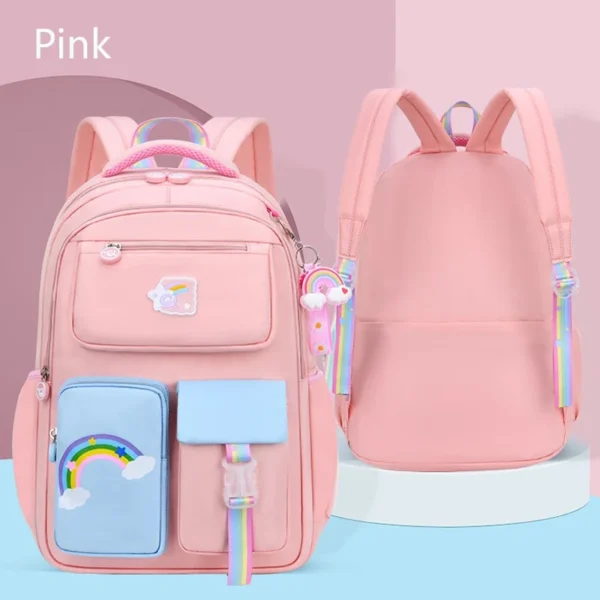 Kinderrucksäcke für Macaron Color Mädchen, Schulbüchertasche für Teenager, niedliche Schultasche mit mehreren Beuteln und Regenbogen-Anhänger 3