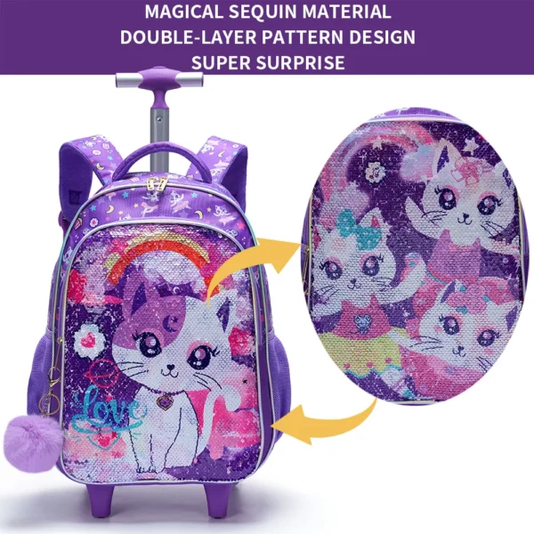 3-teiliges Set Rollrucksack für Mädchen, niedliche Cartoon-Katze-Pailletten-Rucksack mit Rollen für Grundschüler, mit Lunchbox und Stifttasche 3