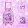 3-teiliger Rollrucksack für Mädchen und Kinder, Schulrucksack mit Rollen, mit Mittagessen- und Stifttasche, rosa Schmetterling, im Dunkeln leuchtende Funktion 3