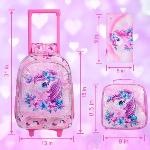 3-teiliger Rollrucksack für Mädchen und Kinder, Schulrucksack mit Rollen, mit Mittagessen- und Stifttasche, rosa Schmetterling, im Dunkeln leuchtende Funktion 3