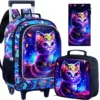 4 Stück Rollrucksack für Mädchen, Kinder-Schulrucksack mit Katzenrollerrädern und Lunchtasche, Schultasche mit Rollen für Kleinkinder, Grundschule