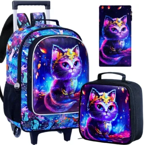4 Stück Rollrucksack für Mädchen, Kinder-Schulrucksack mit Katzenrollerrädern und Lunchtasche, Schultasche mit Rollen für Kleinkinder, Grundschule