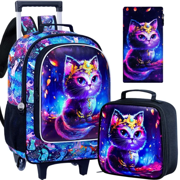 4 Stück Rollrucksack für Mädchen, Kinder-Schulrucksack mit Katzenrollerrädern und Lunchtasche, Schultasche mit Rollen für Kleinkinder, Grundschule