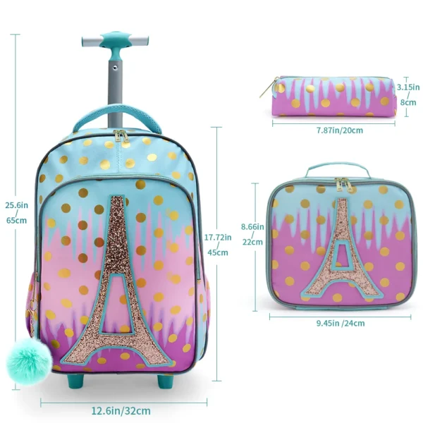 3-teiliger Rollrucksack für Mädchen und Kinder, Schulrucksack mit Rollen, mit Mittagessen und Stifttasche, Eisenturm, rosa, im Dunkeln leuchtende Funktion 3