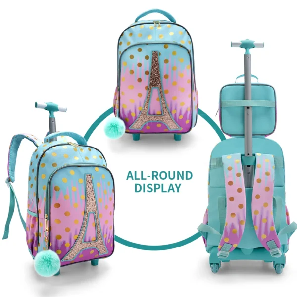 3-teiliger Rollrucksack für Mädchen und Kinder, Schulrucksack mit Rollen, mit Mittagessen und Stifttasche, Eisenturm, rosa, im Dunkeln leuchtende Funktion 2
