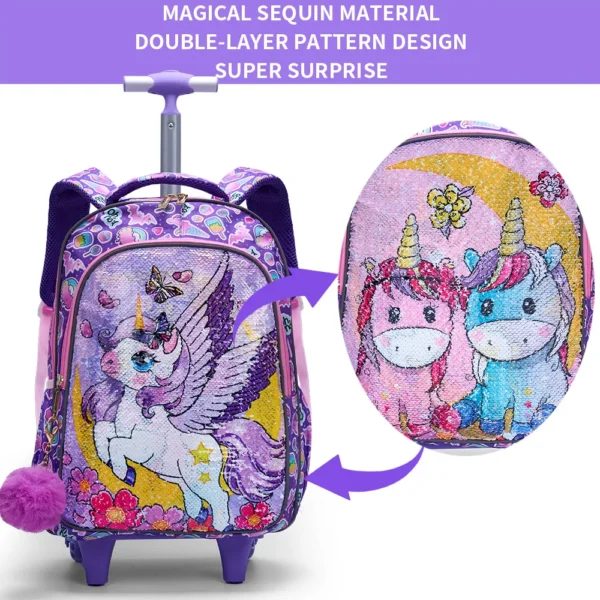 3-teiliges Set Rollrucksack für Mädchen, süßes Cartoon-Mond-Einhorn-Pailletten-Design, Rolltaschen mit Lunchbox und Stifttasche, Lila 5