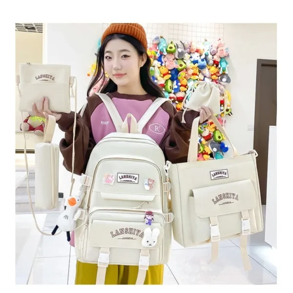 5-teiliges Set mit kostenlosen Anhängern im Waldstil, koreanische Version, lässiger Harajuku-Studentenrucksack für Mädchen mit großer Kapazität 3