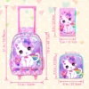 3-teiliger Rollrucksack für Kinder, Büchertasche mit Rollenrädern für Mädchen, Grundschultasche mit Rollen und Lunchtasche – weiße Katze 2