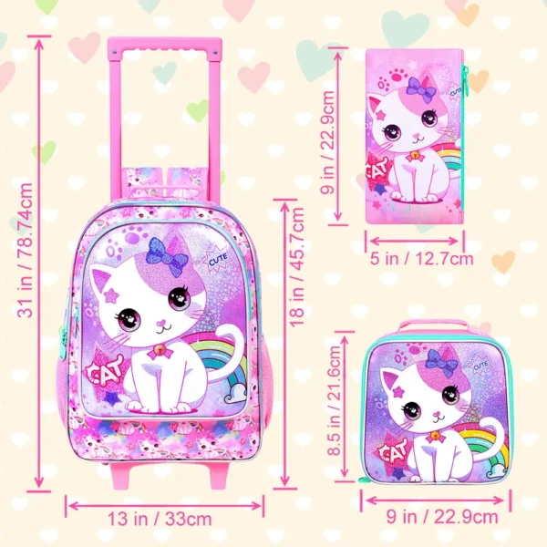 3-teiliger Rollrucksack für Kinder, Büchertasche mit Rollenrädern für Mädchen, Grundschultasche mit Rollen und Lunchtasche – weiße Katze 2
