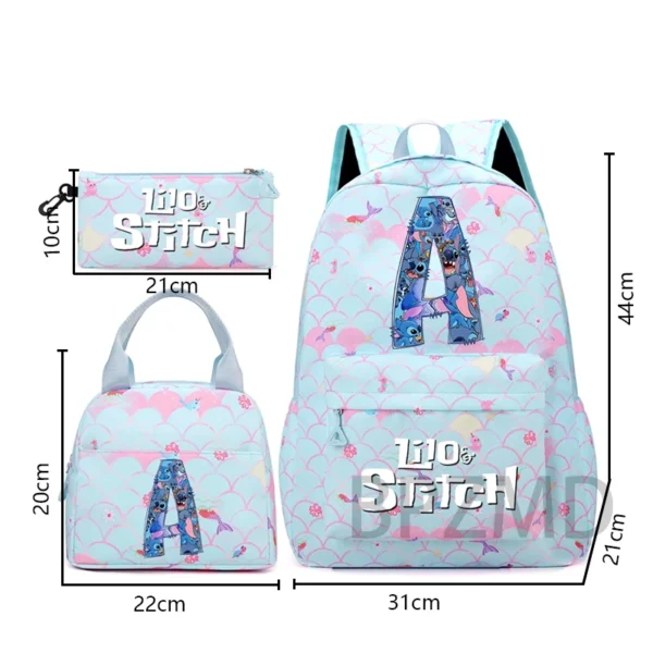 Blau 3 Stücke Lilo Stitch Rucksack Mädchen Schule Teen Student Rucksack Frauen Rucksack Mittagessen Taschen Bleistift Tasche Fisch Skala Stil 26 Brief 5