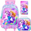 4 Stück rollende Büchertasche für Mädchen, süßer Kinder-Meerjungfrauen-Rucksack mit Rollen, Einhorn-Roller-Schultasche mit Rollen für Grundschulkinderschule