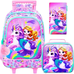 4 Stück rollende Büchertasche für Mädchen, süßer Kinder-Meerjungfrauen-Rucksack mit Rollen, Einhorn-Roller-Schultasche mit Rollen für Grundschulkinderschule