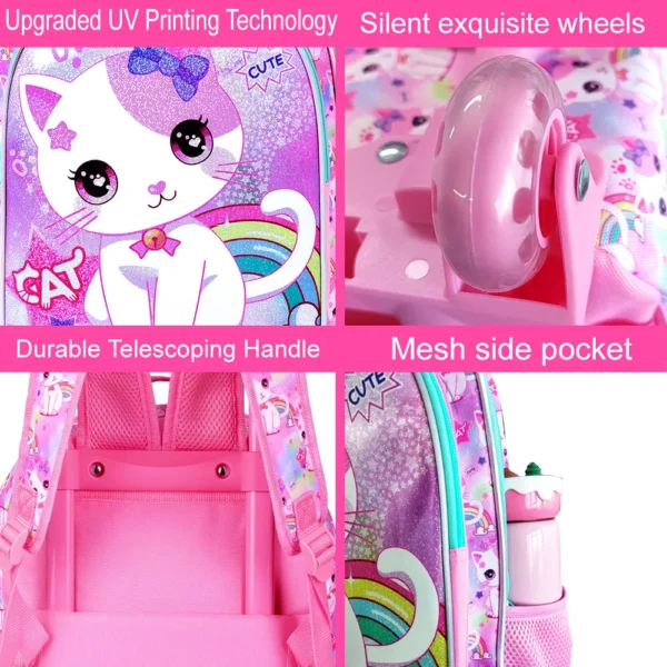 3-teiliger Rollrucksack für Kinder, Büchertasche mit Rollenrädern für Mädchen, Grundschultasche mit Rollen und Lunchtasche – weiße Katze 3