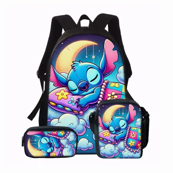 3-teiliges Set mit niedlichen Disneys-Cartoon-Stich-Kind-Schulrucksack mit Lunchtaschen, Bleistifttaschen, Schultaschen für Jungen und Mädchen, bestes Geschenk 4