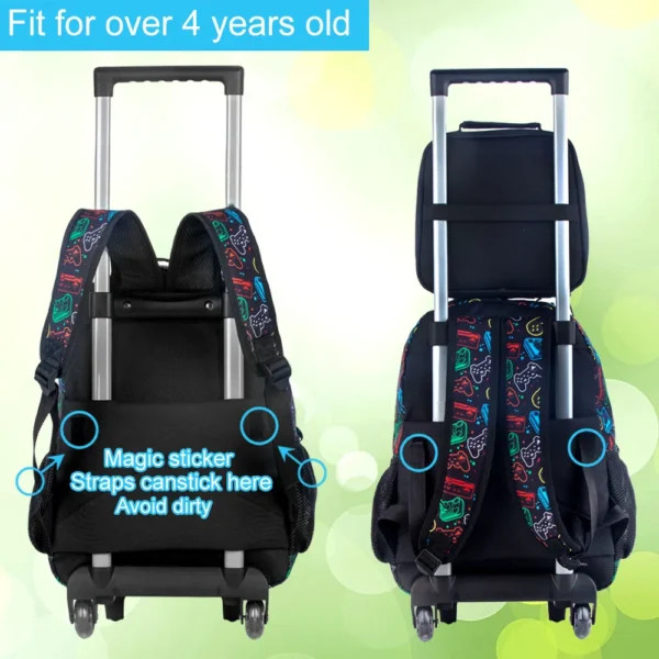 Rollrucksack für Jungen, 3-teilige Kinder-Roll-Büchertasche mit Lunchtasche, Schultasche mit Rollen für Kinder – Spielkonsole 2