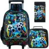 Rollrucksack für Jungen, 3-teilige Kinder-Roll-Büchertasche mit Lunchtasche, Schultasche mit Rollen für Kinder – Spielkonsole
