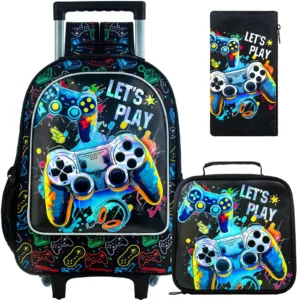 Rollrucksack für Jungen, 3-teilige Kinder-Roll-Büchertasche mit Lunchtasche, Schultasche mit Rollen für Kinder – Spielkonsole