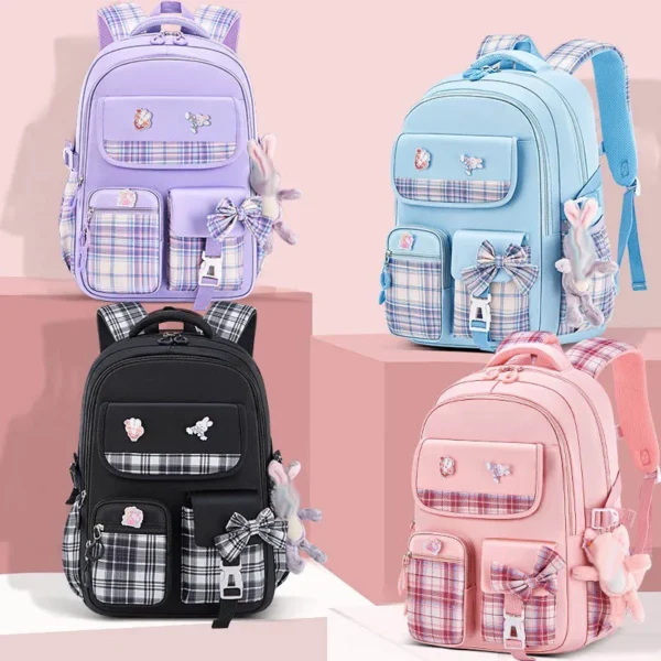 Schutz der Wirbelsäule Ergonomie Grundschüler Mädchen Karierter Rucksack Große Kapazität Leicht Wasserdicht 2