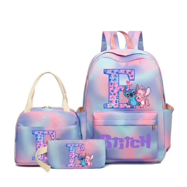Stitch Mädchen Rucksäcke Federmäppchen Lunchtasche Student Disney Niedlicher Buchstabe A-Z Schultaschen Briefpapier Beutel Essen Bento Handtasche Geschenk 2