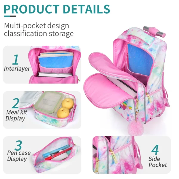 3-teiliger Rollrucksack für Kinder, Schul-Büchertasche mit Rollen, goldenes Einhorn-Muster-Design, im Dunkeln leuchtende Funktion mit Lunch-Stift-Tasche 5