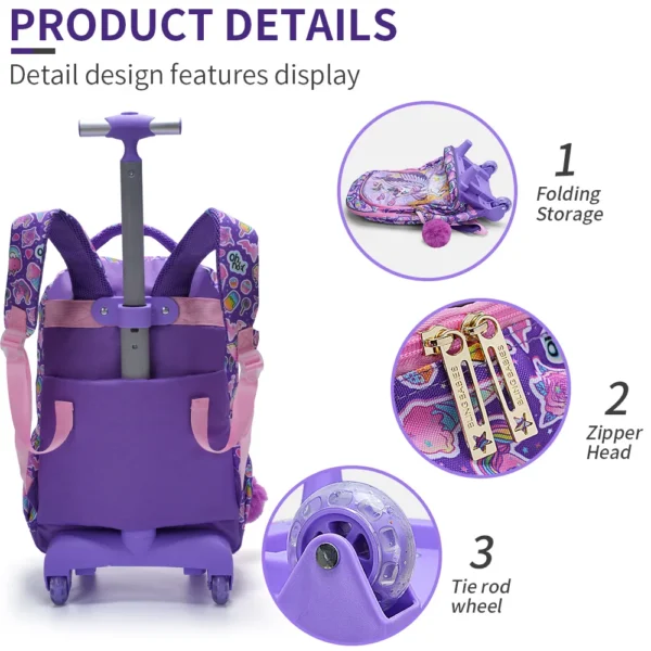 3-teiliges Set Rollrucksack für Mädchen, süßes Cartoon-Mond-Einhorn-Pailletten-Design, Rolltaschen mit Lunchbox und Stifttasche, Lila 6
