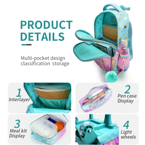 3-teiliger Rollrucksack für Mädchen und Kinder, Schulrucksack mit Rollen, mit Mittagessen und Stifttasche, Eisenturm, rosa, im Dunkeln leuchtende Funktion 6