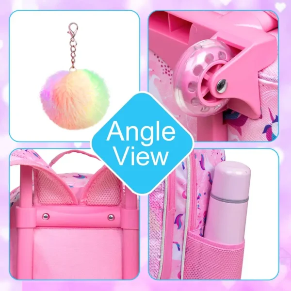 3-teiliger Rollrucksack für Mädchen und Kinder, Schulrucksack mit Rollen, mit Mittagessen- und Stifttasche, rosa Schmetterling, im Dunkeln leuchtende Funktion 4