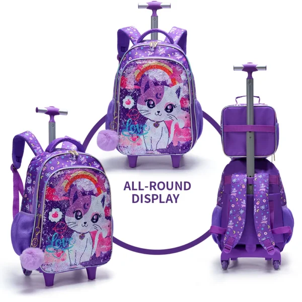 3-teiliges Set Rollrucksack für Mädchen, niedliche Cartoon-Katze-Pailletten-Rucksack mit Rollen für Grundschüler, mit Lunchbox und Stifttasche 2