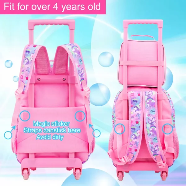 4 Stück rollende Büchertasche für Mädchen, süßer Kinder-Meerjungfrauen-Rucksack mit Rollen, Einhorn-Roller-Schultasche mit Rollen für Grundschulkinderschule 4
