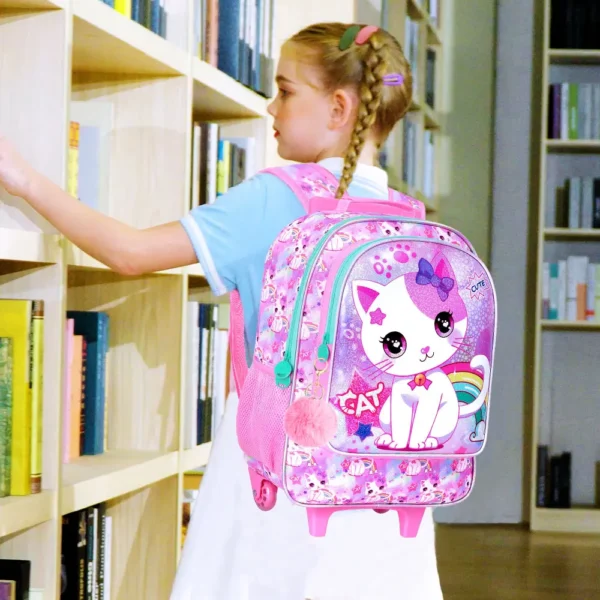 3-teiliger Rollrucksack für Kinder, Büchertasche mit Rollenrädern für Mädchen, Grundschultasche mit Rollen und Lunchtasche – weiße Katze 6