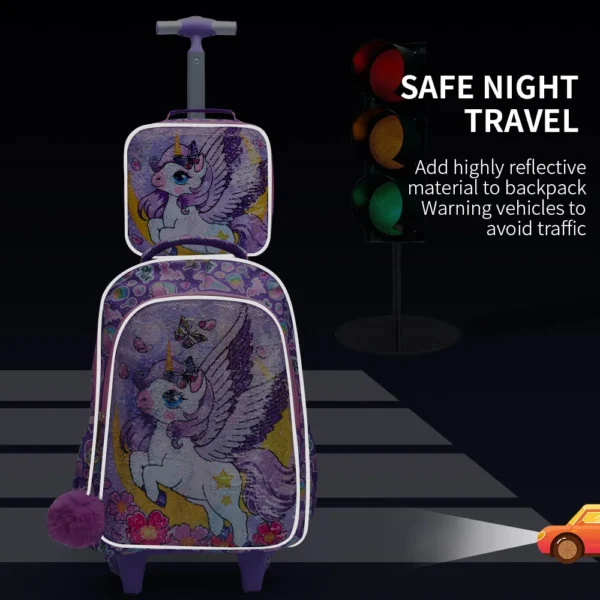 3-teiliges Set Rollrucksack für Mädchen, süßes Cartoon-Mond-Einhorn-Pailletten-Design, Rolltaschen mit Lunchbox und Stifttasche, Lila 4