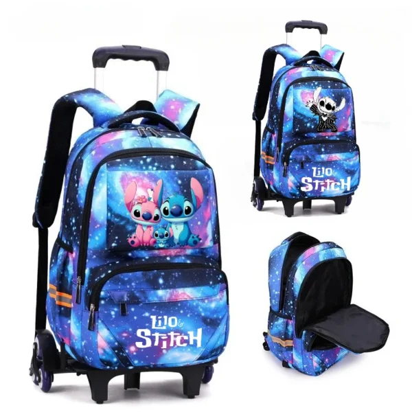 Disney Stitch Rolltasche für die Schule, Trolley-Taschen, Mädchen-Reiserucksack mit Rollen, wasserdicht, große Kapazität, Reise-Schultasche