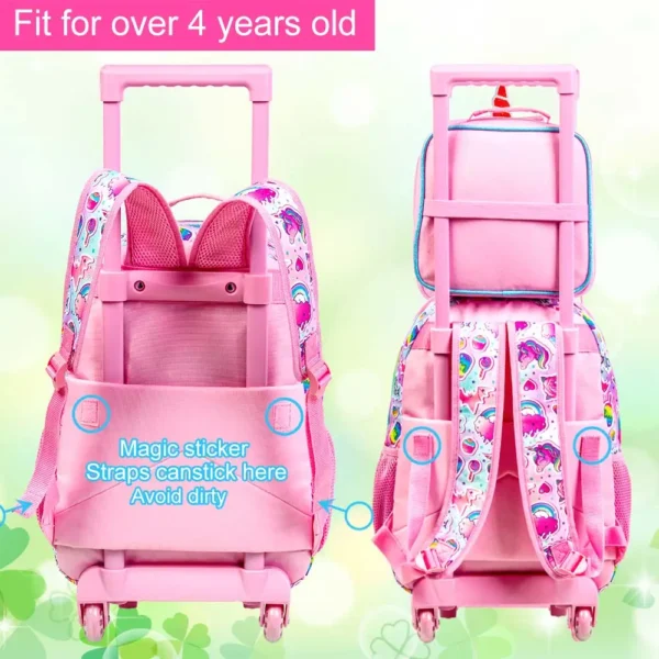 3-teiliger Einhorn-Rollrucksack für Mädchen, Schulrucksäcke für Kinder mit Rollen, Rollen-Büchertasche mit Lunchbox für die Grundschule 2