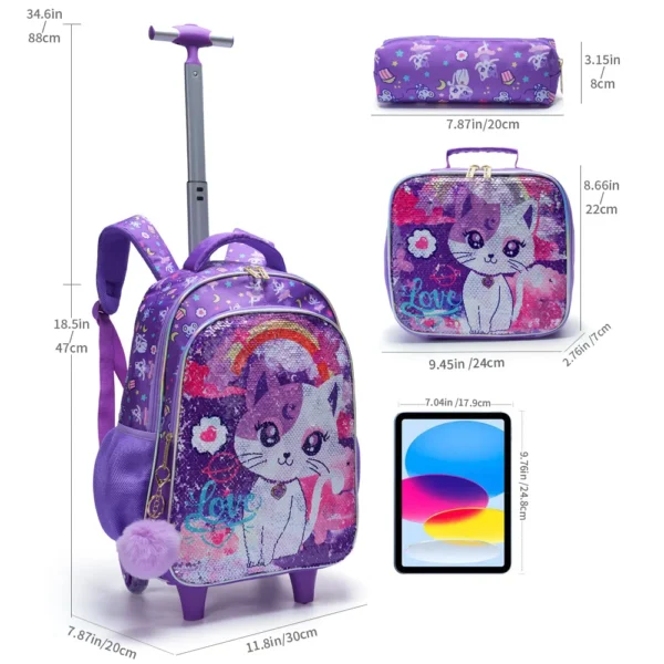 3-teiliges Set Rollrucksack für Mädchen, niedliche Cartoon-Katze-Pailletten-Rucksack mit Rollen für Grundschüler, mit Lunchbox und Stifttasche 5