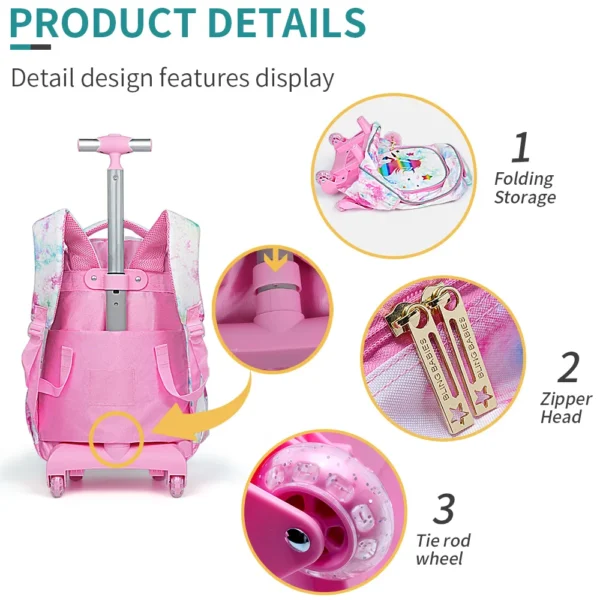 3-teiliger Rollrucksack für Kinder, Schul-Büchertasche mit Rollen, goldenes Einhorn-Muster-Design, im Dunkeln leuchtende Funktion mit Lunch-Stift-Tasche 4