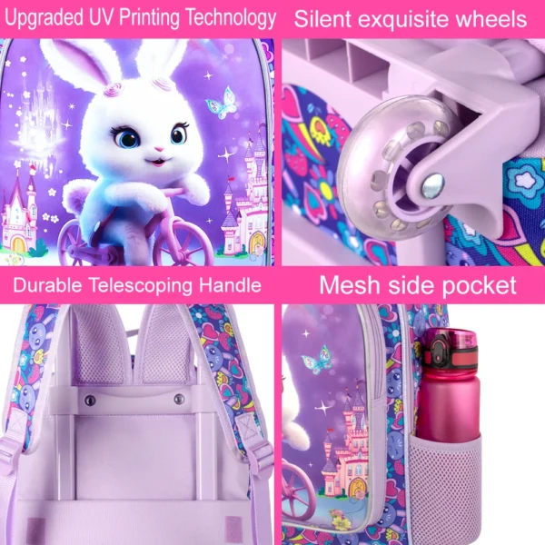 3-teiliger Rollrucksack für Mädchen und Jungen, Kinder-Büchertasche mit Rollenrädern, Grundschultasche mit Rollen und Lunchtasche 3
