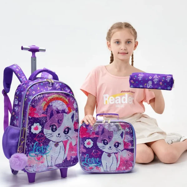 3-teiliges Set Rollrucksack für Mädchen, niedliche Cartoon-Katze-Pailletten-Rucksack mit Rollen für Grundschüler, mit Lunchbox und Stifttasche