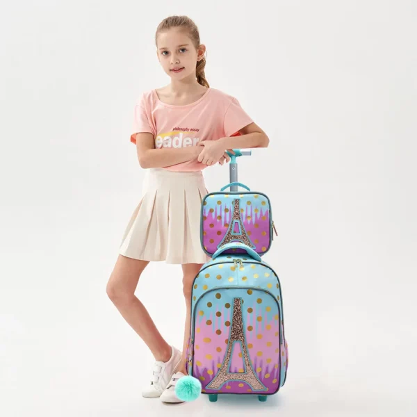 3-teiliger Rollrucksack für Mädchen und Kinder, Schulrucksack mit Rollen, mit Mittagessen und Stifttasche, Eisenturm, rosa, im Dunkeln leuchtende Funktion 4