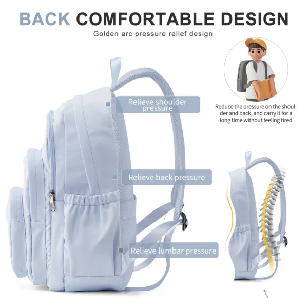 Lässiger Nylon-Rucksack, Rucksack für Damen, Multi-Pocket-Design in Hellblau, langlebig für Schule, Gymnasium und College-Büchertasche 4
