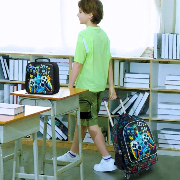 Rollrucksack für Jungen, 3-teilige Kinder-Roll-Büchertasche mit Lunchtasche, Schultasche mit Rollen für Kinder – Spielkonsole 6