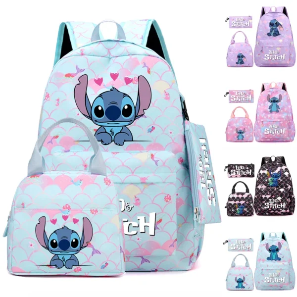 Disney Lilo Stitch Rucksack-Set für Mädchen, Teenager, Studenten, Schulanfang, Rucksack, Damen-Rucksack, Meerjungfrau-Stil, Lunchtasche, Federmäppchen