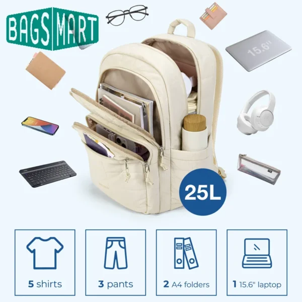 BAGSMART Laptop-Taschen, College-Freizeitrucksack für Damen, gesteppt, klein, Computer-Büchertasche, wasserabweisend, 15,6 Zoll Notebook-Tasche 2
