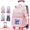 Stitch Print Rucksack Rollende Schultasche Mädchen Rucksack Wasserdichte Schulrucksäcke mit Rollen Schultrolley Gepäck Rucksack