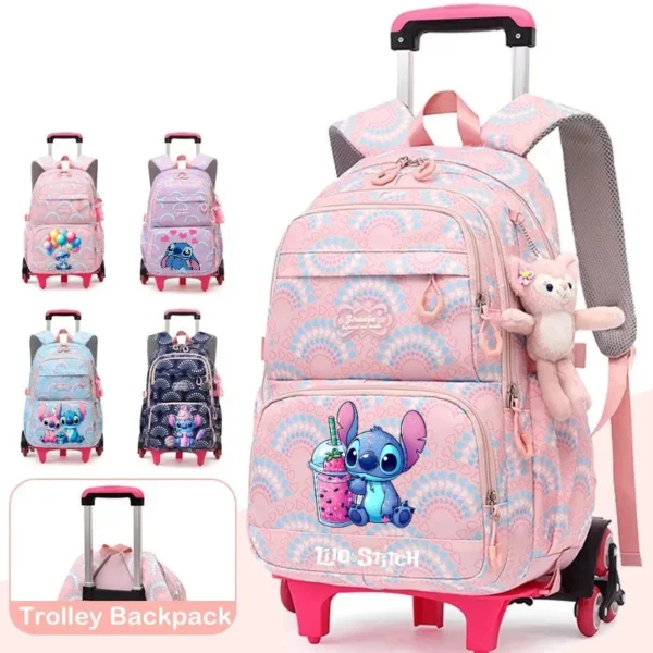 Stitch Print Rucksack Rollende Schultasche Mädchen Rucksack Wasserdichte Schulrucksäcke mit Rollen Schultrolley Gepäck Rucksack
