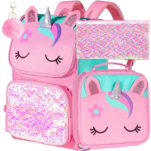 3-teiliger Rucksack für Mädchen, 38,1 cm große Einhorn-Büchertasche mit Lunchbox, Kinder-Vorschul-Schultasche