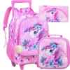 3-teiliger Rollrucksack für Mädchen und Kinder, Schulrucksack mit Rollen, mit Mittagessen- und Stifttasche, rosa Schmetterling, im Dunkeln leuchtende Funktion
