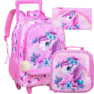 3-teiliger Rollrucksack für Mädchen und Kinder, Schulrucksack mit Rollen, mit Mittagessen- und Stifttasche, rosa Schmetterling, im Dunkeln leuchtende Funktion