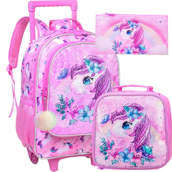 3-teiliger Rollrucksack für Mädchen und Kinder, Schulrucksack mit Rollen, mit Mittagessen- und Stifttasche, rosa Schmetterling, im Dunkeln leuchtende Funktion