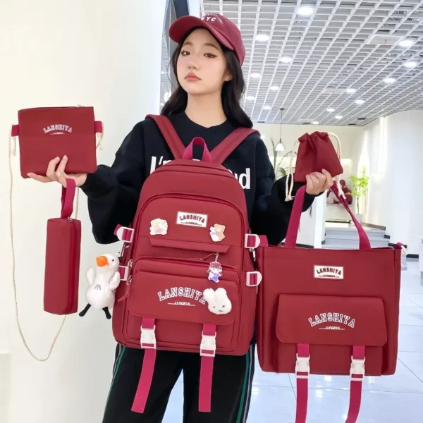 5-teiliges Set mit kostenlosen Anhängern im Waldstil, koreanische Version, lässiger Harajuku-Studentenrucksack für Mädchen mit großer Kapazität